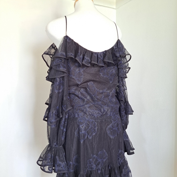 Alexis | Goth ruffled cold shoulder black & blue women's dress - Picture 4 of 11